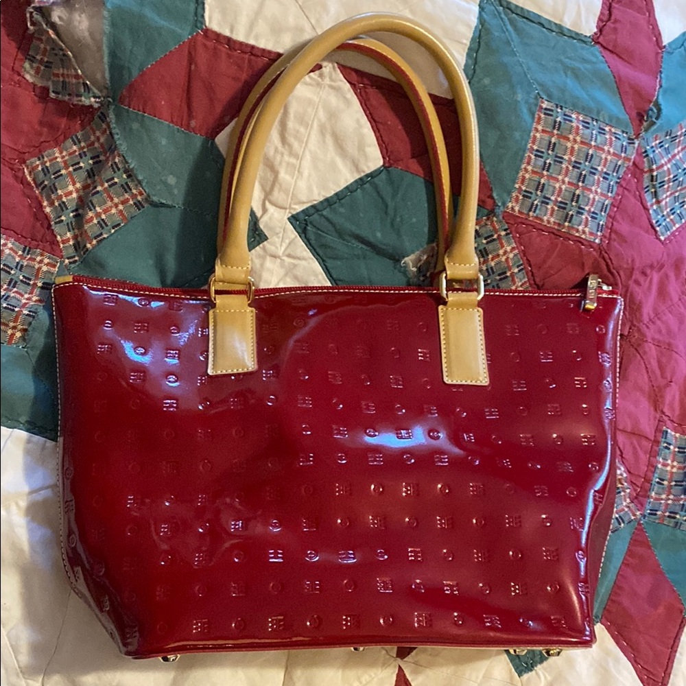 Genuine Patent Leather Italian Made Elegant Red Tote Bag with Cream Handles